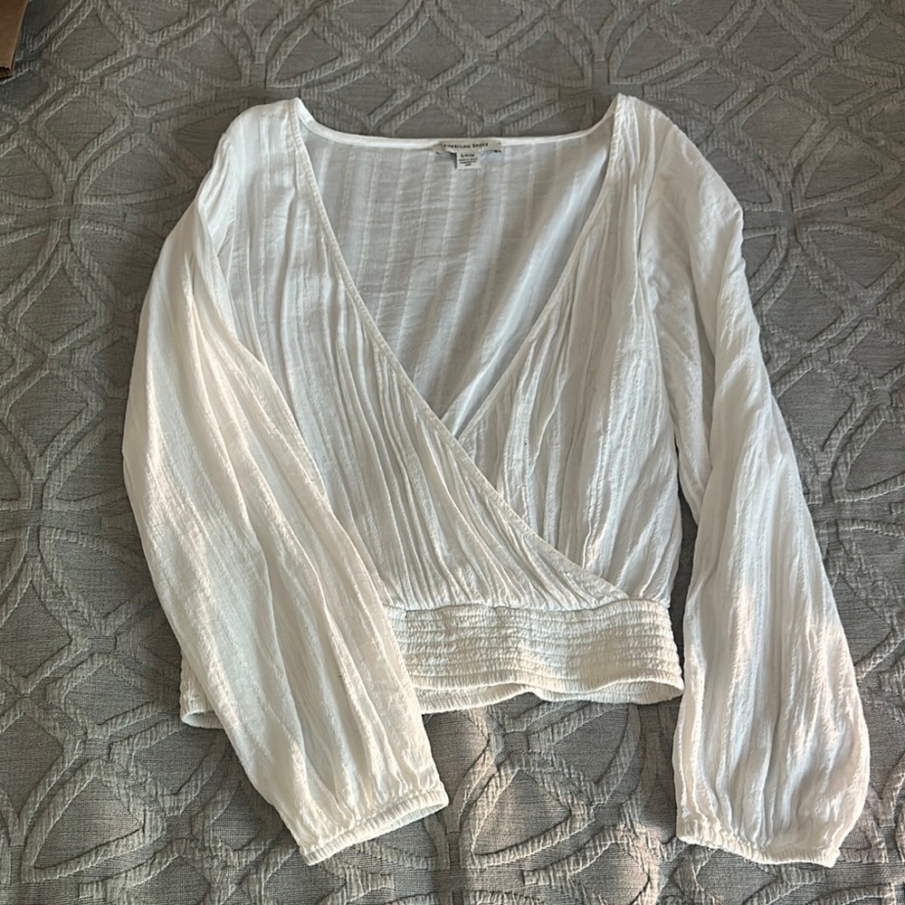 American Eagle Outfitters Cream Wrap Blouse with Long Sleeves
